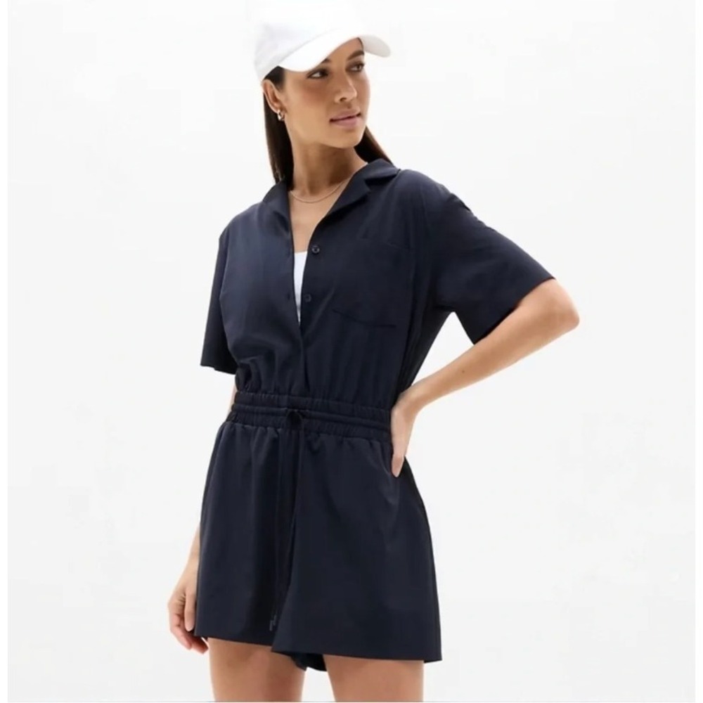 Athleta Avenue Romper Short Sleeve Navy Blue Button Front Drawstring Petite Med